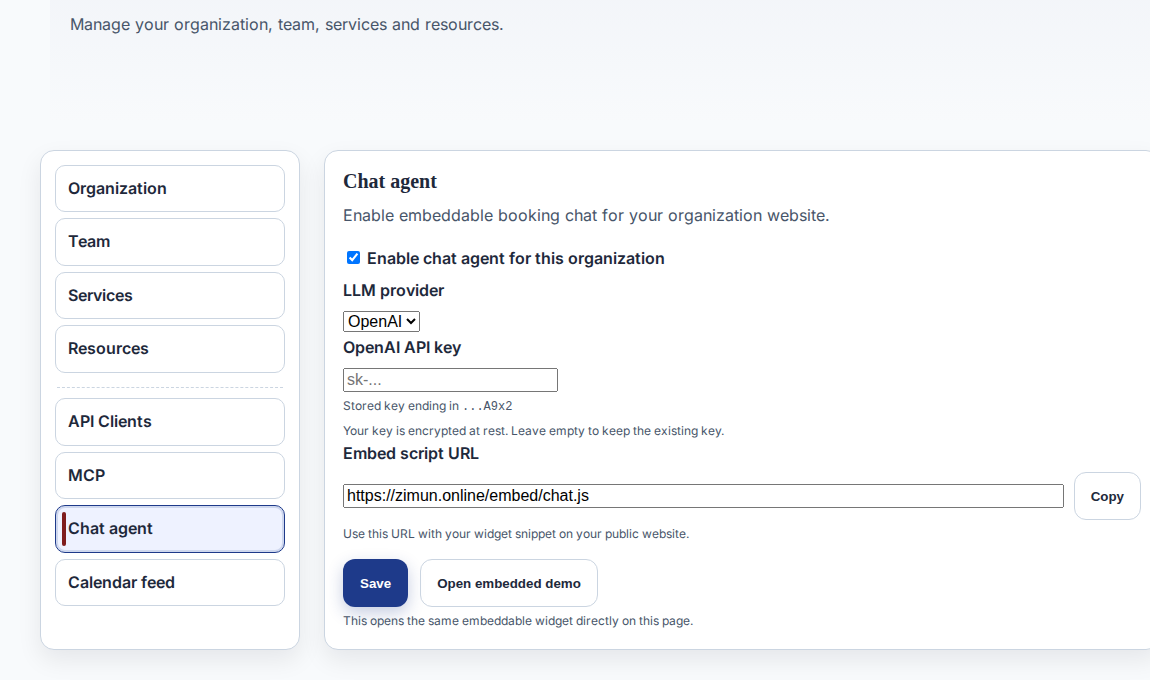 Chat settings example with enable toggle and API key fields
