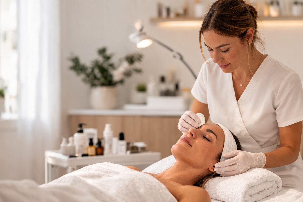 Beauty specialist treating a client in a professional studio room