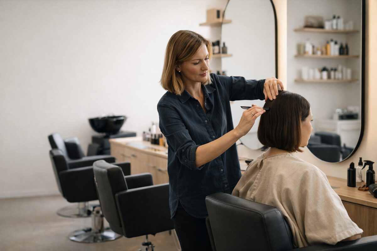 Hairstylist serving a client at a modern salon station